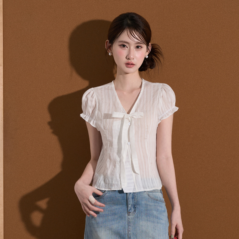 Zhou Bai Bai Korean-Style Fashion Versatile White Jacquard Tie Short-Sleeve Shirt Slimming Top for Women Summer