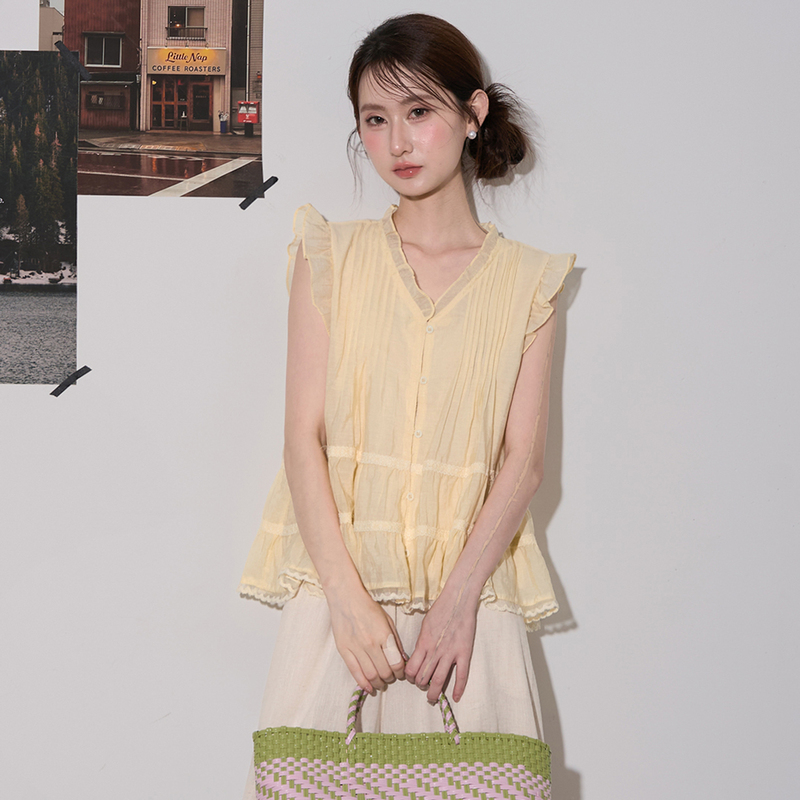 Zhou Baibai Sweet Style Lace Trim Flutter Sleeve Shirt Women's Summer Sleeveless Vest Age-Reducing Babydoll Top Zhou Baibai Sweet Style Lace Trim Flutter Sleeve Shirt Women's Summer Sleeveless Vest Age-Reducing Babydoll Top