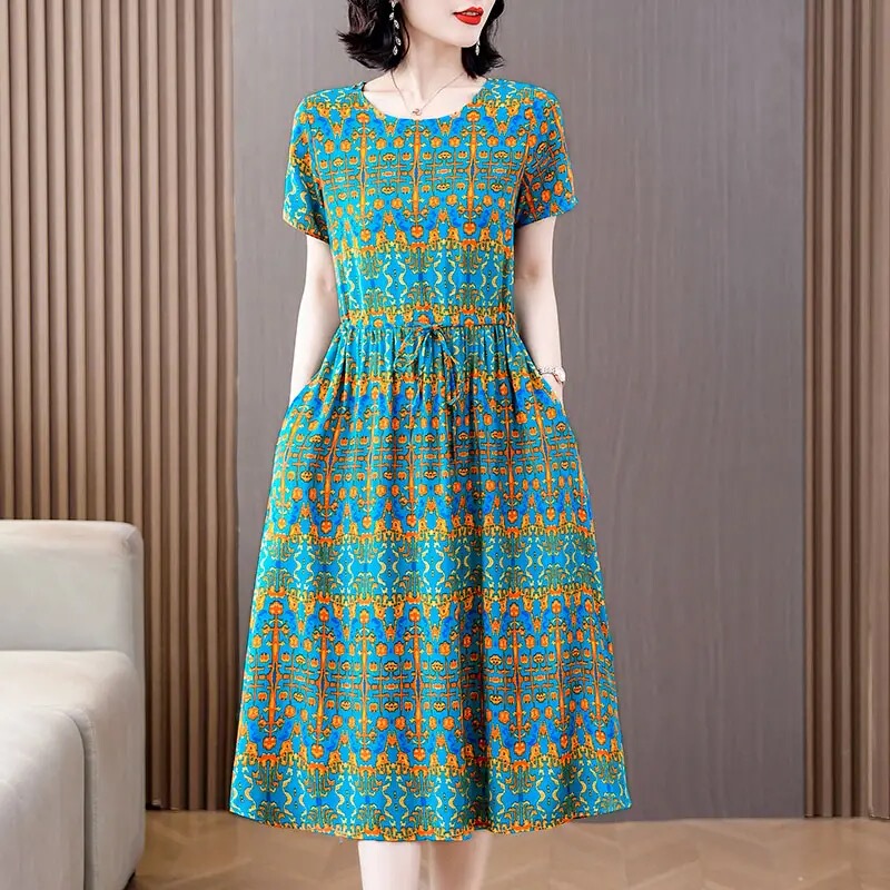 2026 Summer New Women's Cotton Silk Dress, Mid-Length, Large Size, Loose, Slimming, Tummy-Covering, Floral Dress for Outerwear