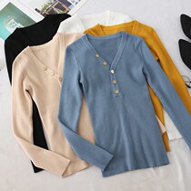 2019 Autumn New button decoration V-neck sweater women long sleeve feel pullover base shirt women tide
