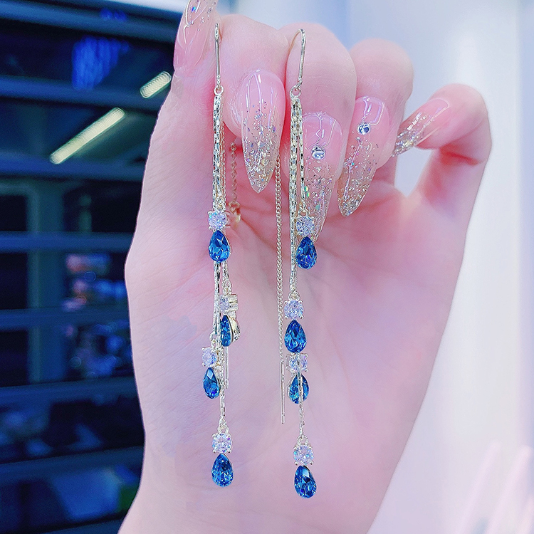 Korean Temperament Superior Earrings 2022 New Tide Blue Drops Anti-Lose Ear Dressing long version Flow Su Fashion earrings