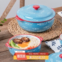 ezicok double ear soup bowl Household dish plate Ceramic tableware plate Large noodle bowl Net red ins deep plate Japanese bowl