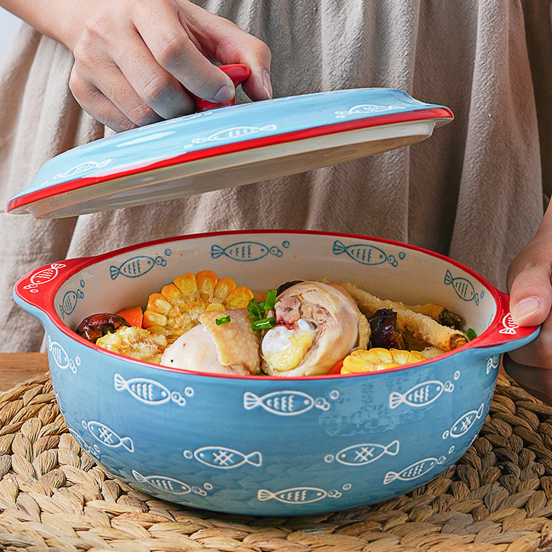 ezicok Twin Ear Soup Bowl Home Plate Ceramic Cutlery Plate Large Noodle Bowl Mesh Red Ins Deep Dish Day Style Bowl