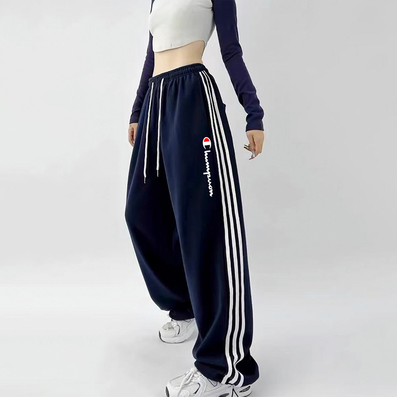 American Summer Champion Casual Sports Pants for Women, Fashionable Leg-Tie High-Waisted Straight Striped Wide-Leg Overalls for Men, Trendy