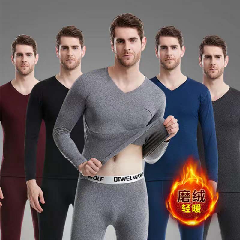 Men's Warm Underwear Men's Thickening Gushed V Collar Cotton Sweatshirt Youth Autumn Clothes Sanitary Pants Suit Autumn Winter Warm Pants