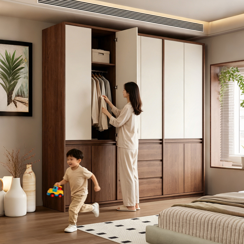 In-Stock Solid Wood Wardrobe, Enf-Grade Environmentally Friendly, 18mm Thick, Bone Line, Milk White Walnut Color-Blocked Door Panel, for Home Bedroom Use In-Stock Solid Wood Wardrobe, Enf-Grade Environmentally Friendly, 18mm Thick, Bone Line, Milk White Walnut Color-Blocked Door Panel, for Home Bedroom Use