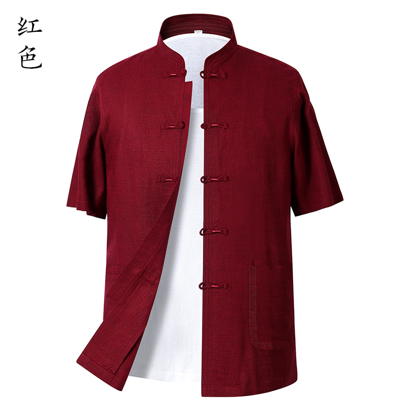 Mùa hè trung niên già Tang nam ngắn tay phù hợp với grandpa lanh bông quần áo Trung Quốc gió nam lanh cha quần áo mùa hè