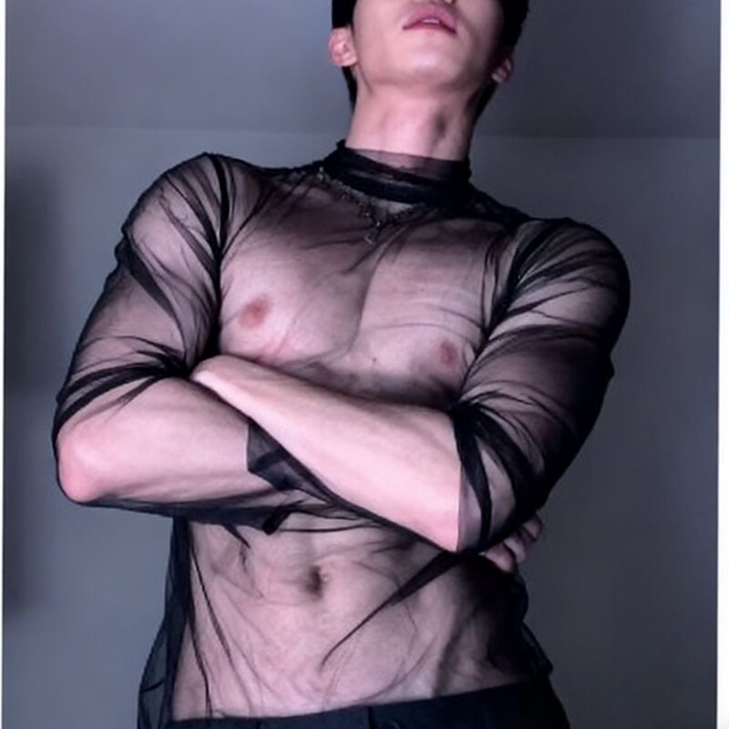 Abstinence-Style Mesh See-Through T-Shirt Long-Sleeved Men's Nightclub Outfit Lace Fishnet Transparent Soft High-Neck Pure Desire Top