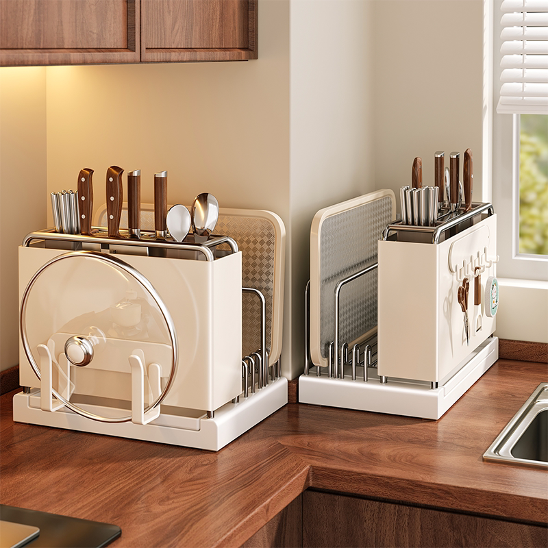 刀架置物架新款厨房菜刀菜板砧板筷子筒锅盖一体多功能刀具收纳架