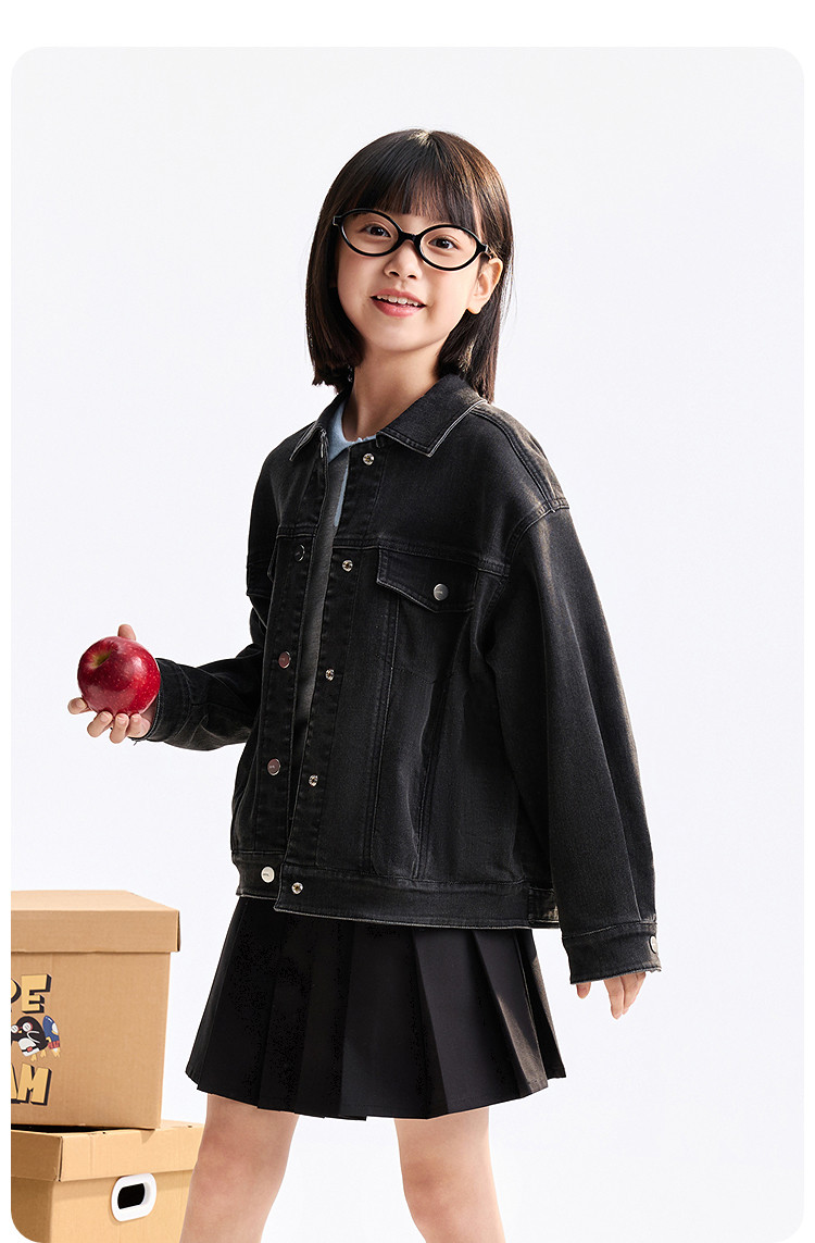 Детская куртка Жан 安奈儿童装男童女童牛仔外套2025秋高弹莱卡牛仔挺阔按扣设计廓形 Annil