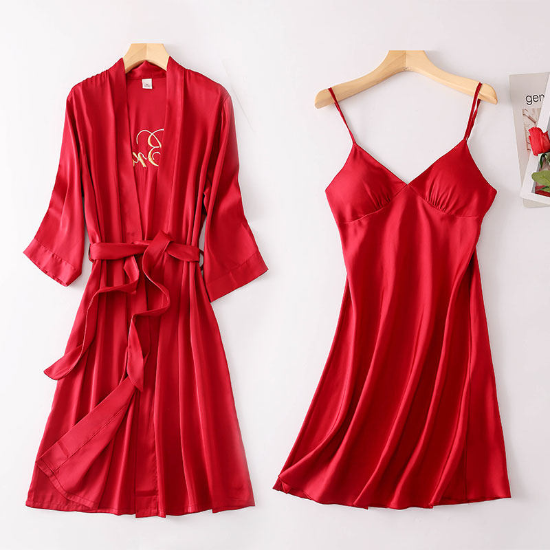Wedding robe bride bridesmaid ice silk married pajamas dressing robe red bathrobe female new summer thin HG