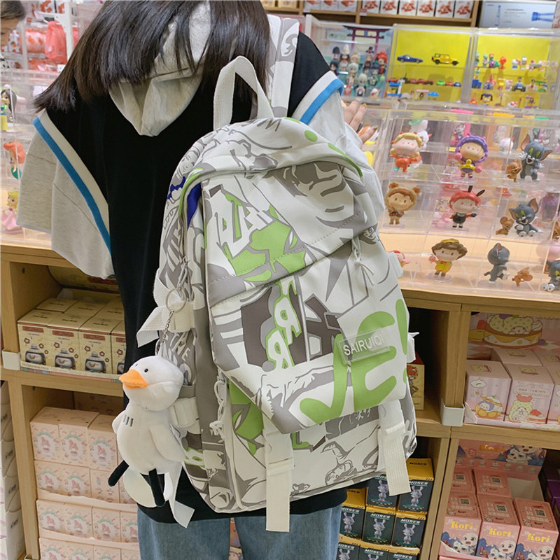 School Bag Female University Students Han Prints graffiti Tide Cool Large Capacity Day Series Junior High School Students Double Shoulder-to-Shoulder Bag Men
