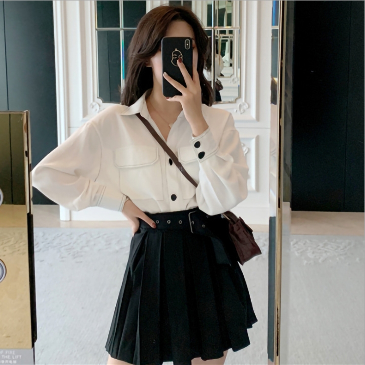 European station 2022 autumn new dress women's fashion temperament all-match high-waist pleated shirt skirt two-piece set