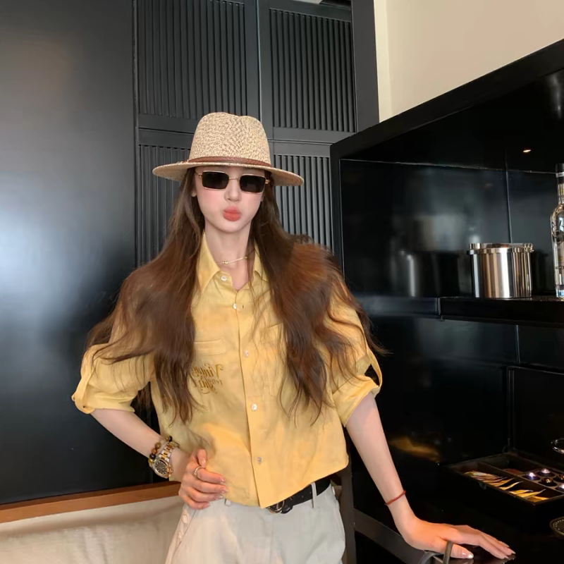 In Stock Aaab Paris 8Th District Pure Linen Shirt with Sun Protection, Two-Color Turn-Down Collar, Embroidered Pockets, Loose Long-Sleeve Top