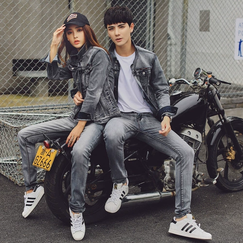 Джинсовая парная одежда для влюбленных, комплект подходит для мужчин и женщин, эластичная трендовая осенняя куртка, в корейском стиле