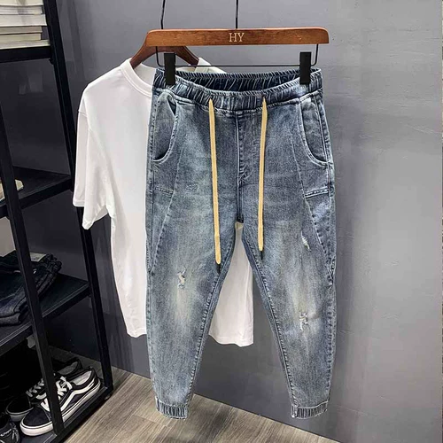 Летние тонкие джинсы, эластичные штаны, на шнурках, эластичная талия