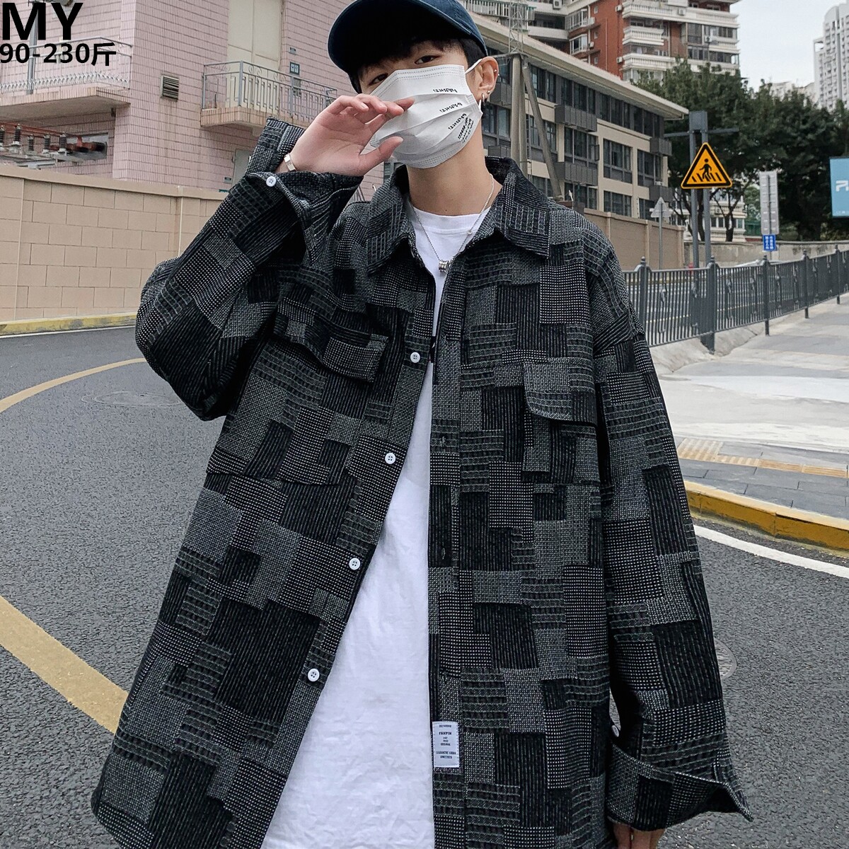 Retro Heavy work irregular checkered shirt men's spring Gats up overweight people with overweight people loose long sleeve shirt jacket