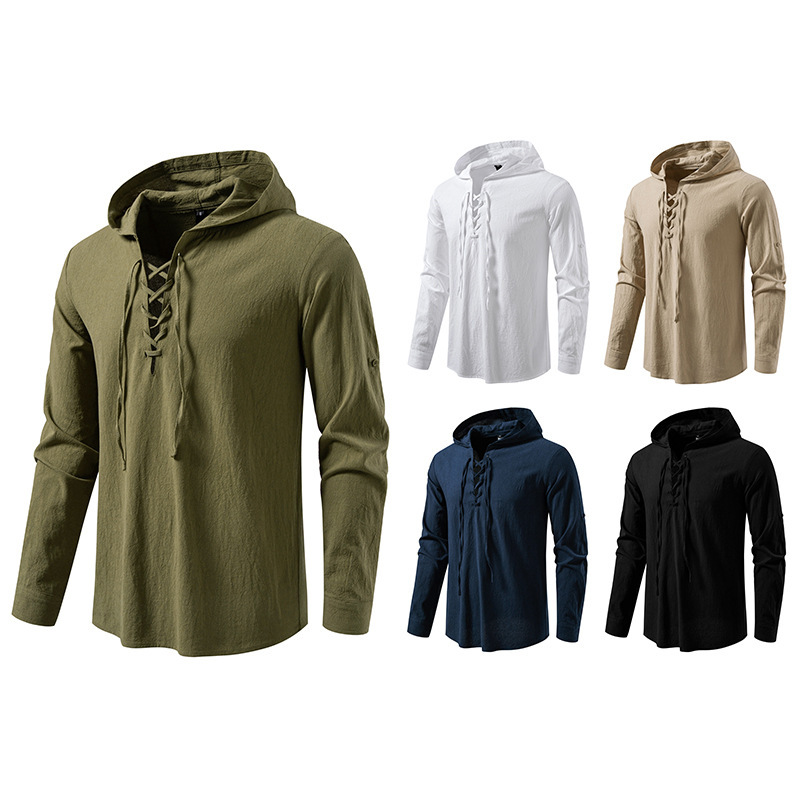 European and American Tough Guy Muscle Man Hooded Tie-Up Long-Sleeve Shirt Linen Yoga Fitness Plus-Size Pullover Sweatshirt