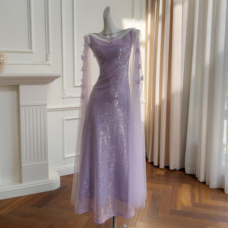 Light Luxury Women's Purple Sequin Dress with Butterfly Mesh Sleeves, Detachable Fairy Long Dress, Coming-Of-Age Ceremony Evening Dress