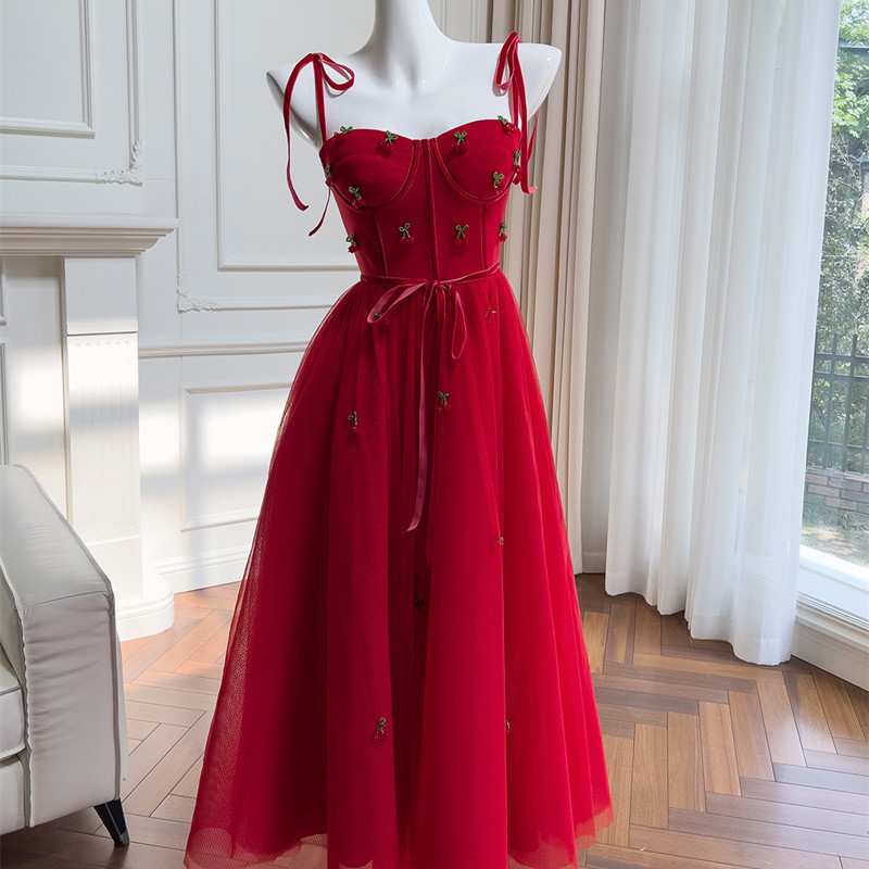 High-End Light Luxury Women's Clothing Red Velvet Ribbon Beaded Cherry Pendant Mesh Fairy Long Dress Suspender Dress Light Formal Dress