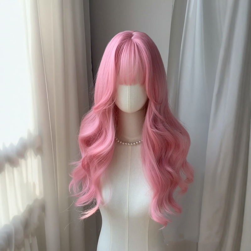 Wig for Women with Long Hair, Full Head Style, Natural and Fashionable, Realistic Hair, Pink New Style, Large Wavy Long Curly Hair Wig Set