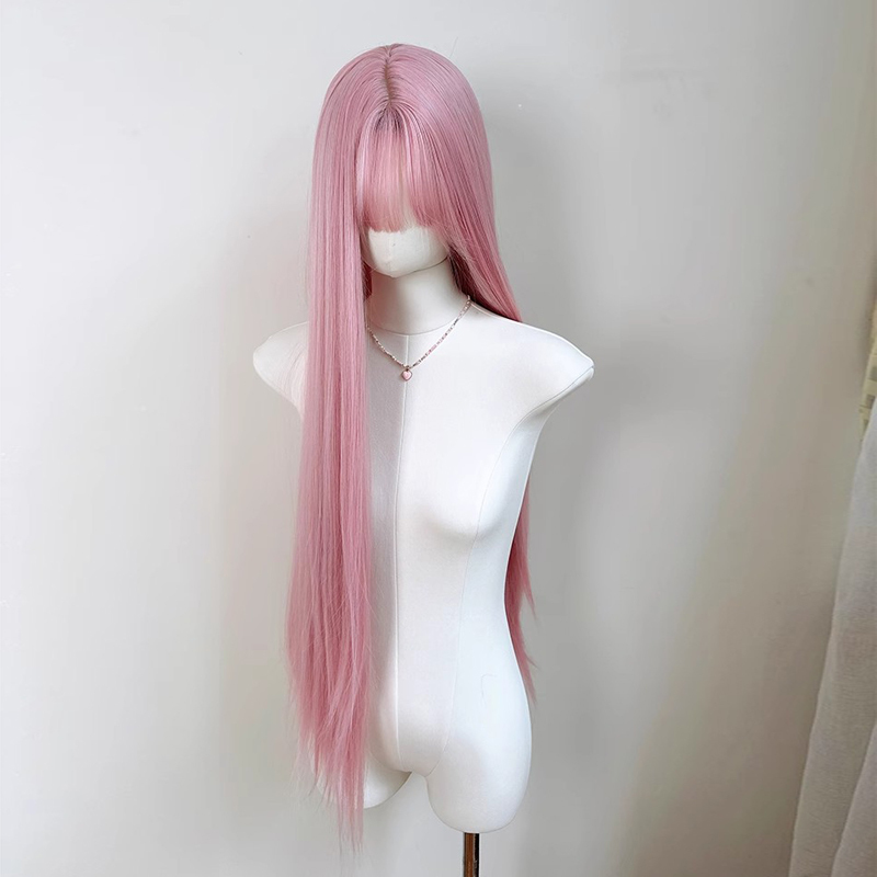 Long Pink Wig with Bangs, Forest Style, Long Straight Hair, Girl Group Jk Hong Kong Style Full Head Wig