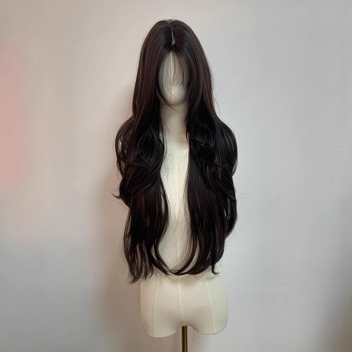 Rayqiu·Black High-End Curly Hair Wig for Women, Full Head Wig, Can Be Styled into a Straight or Middle-Parted Hairstyle, Daily Hairpiece