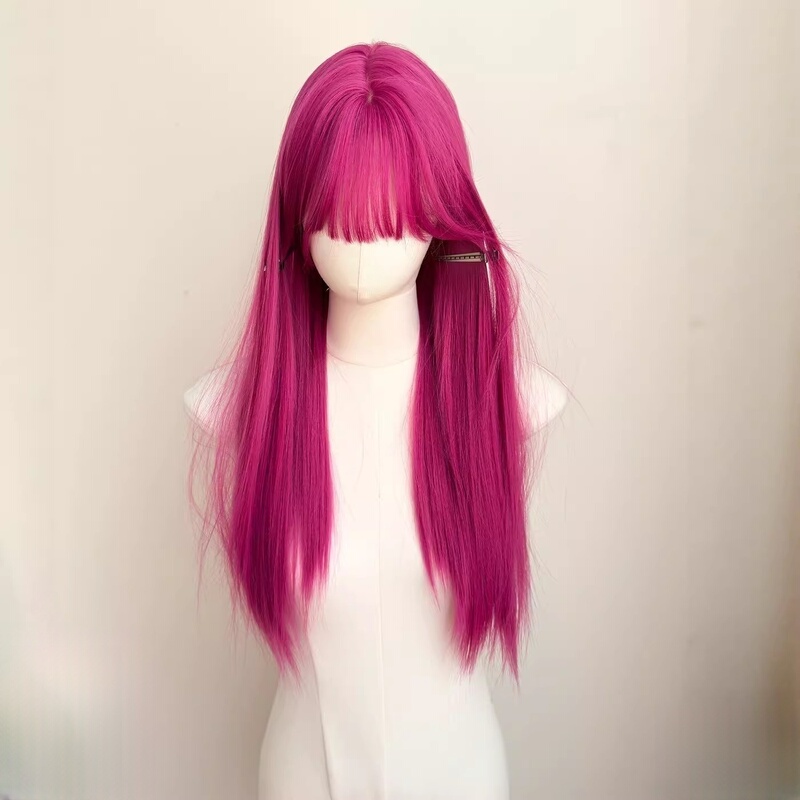 Rose Red Girl Group Style Wig for Women, Long Straight with Bangs, Natural and Realistic, Brightens Complexion and Reduces Age, Suitable for Daily Wear