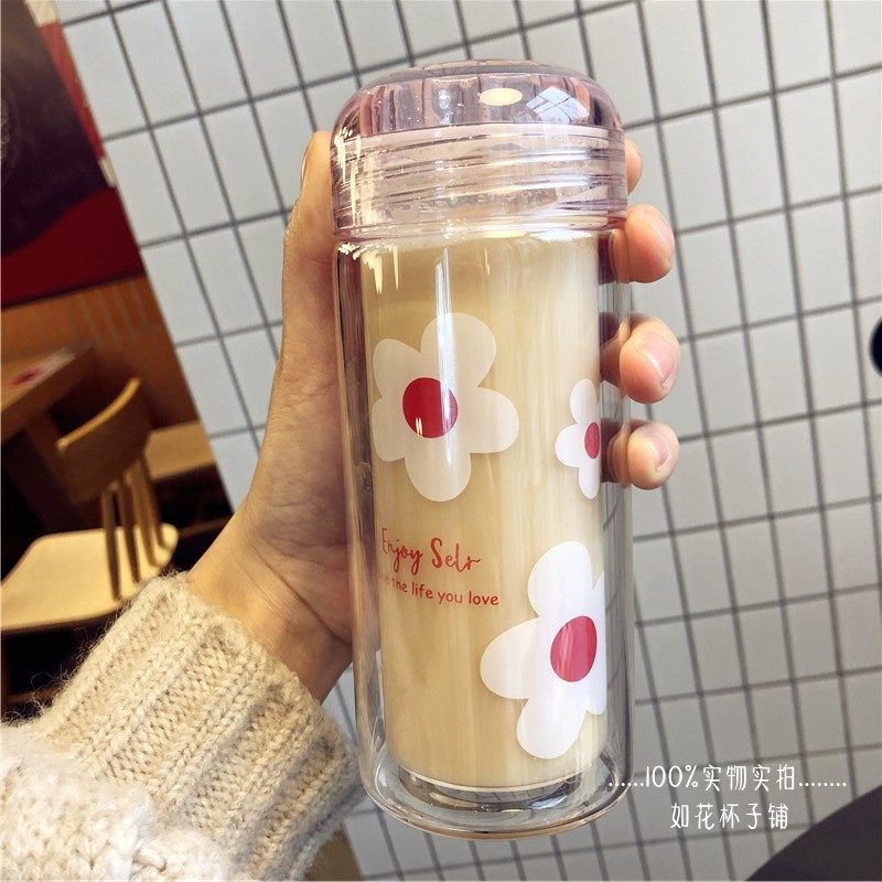 Net red girl heart high temperature water cup ins Hyun Yafeng flower double-layer glass anti-scalding student milk cup