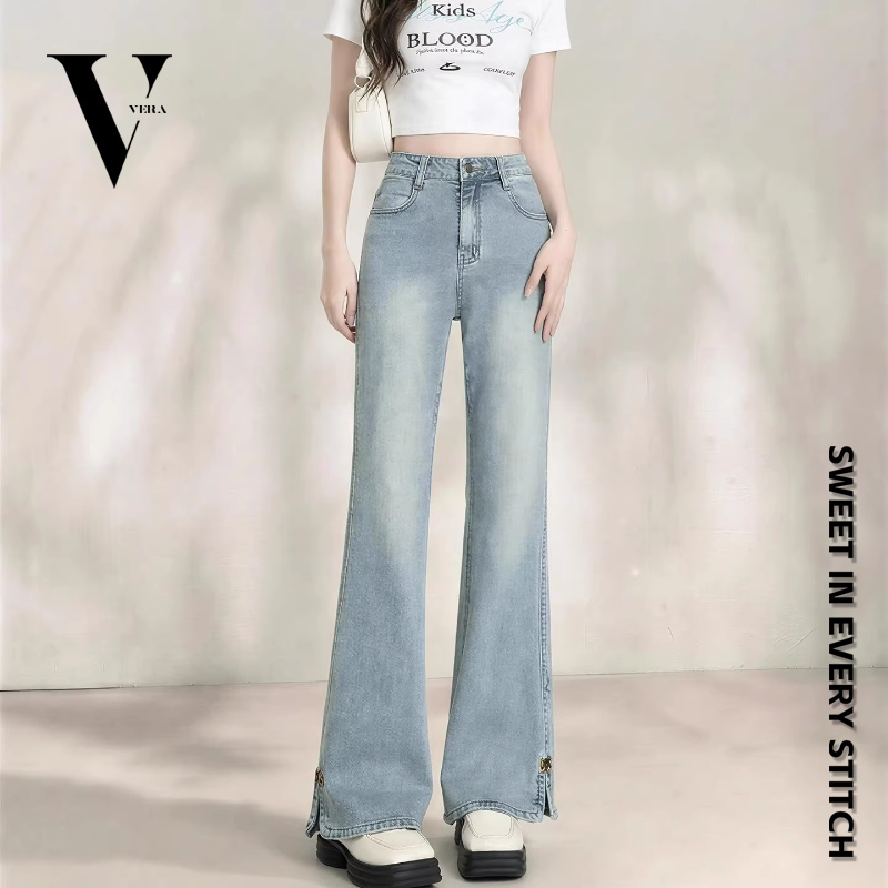 Retro Washed Light-Colored Slit Design Slim Fit Flared Jeans for Women, Low-Waisted Summer American-Style Loose Straight Pants