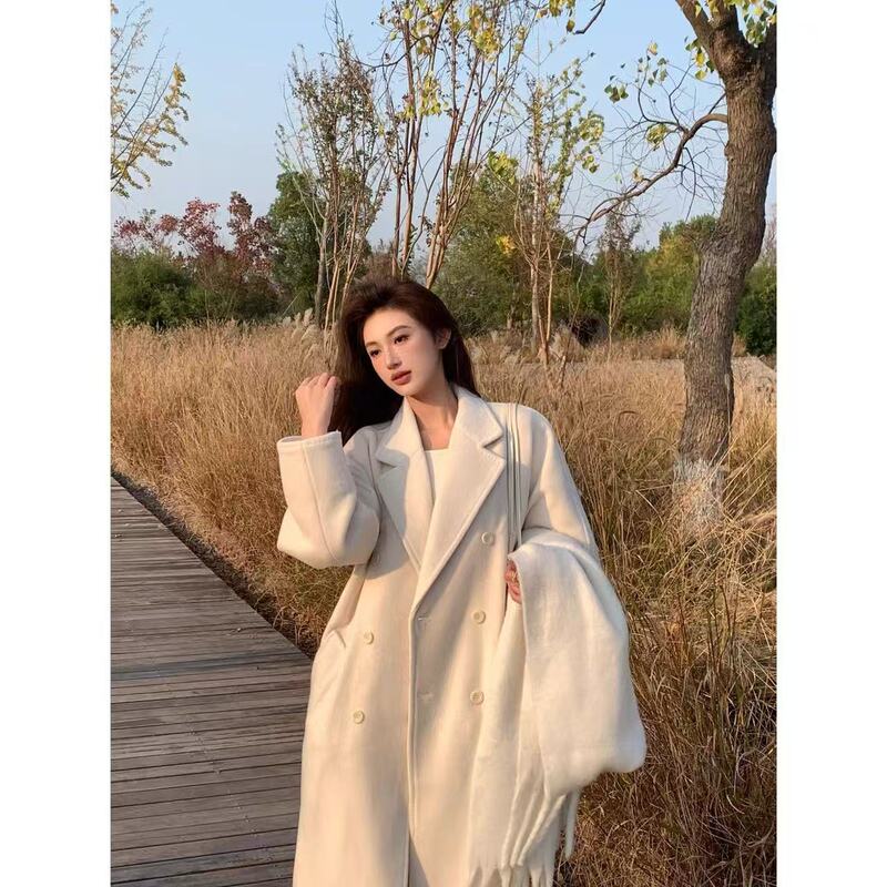 White Double-Sided Wool Coat for Women 2024 Winter, Casual Mid-Length, High-End Cashmere Coat