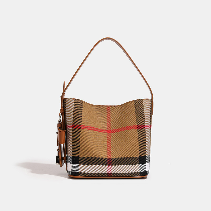 2025 New High-End Women's Bag, Plaid Fabric with Leather Bucket Bag, Elegant Handbag, Shoulder Bag, Casual Fashion Bag
