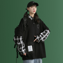 Fake two-piece plaid shirt stitching polo collar sweater womens national tide 2021 new spring and autumn thin jacket top