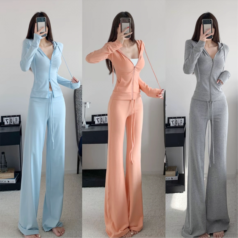 Summer Ribbed Stretch Cotton Figure-Flattering Set with Pocket Hooded Cardigan + Drapey Leg-Lengthening Flared Pants in Stock