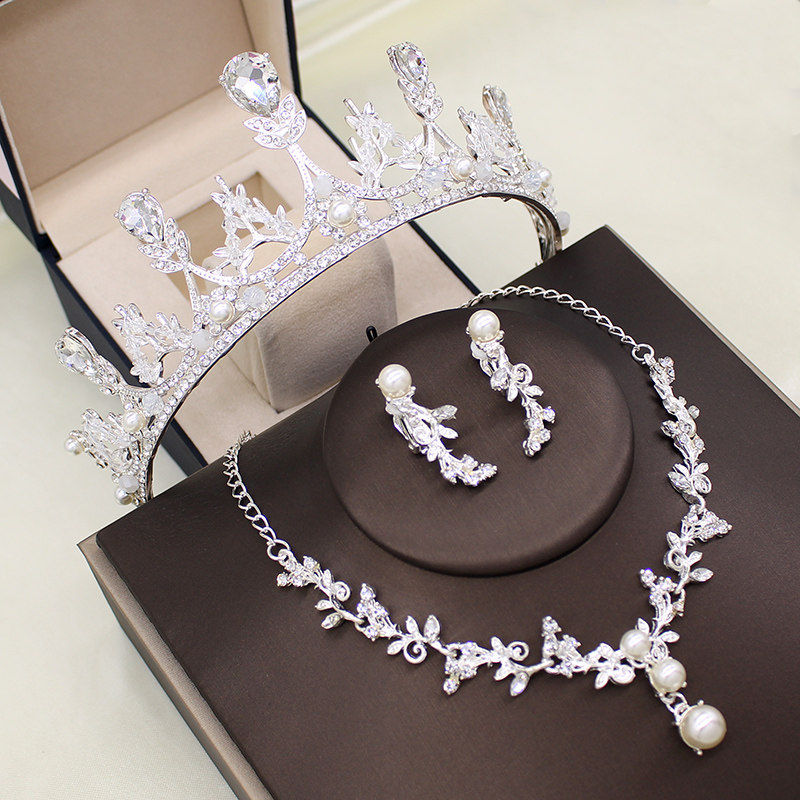 Wedding Crown Tiara Bride Three-piece Wedding Dress Birthday Crown Necklace Earrings Accessories Set High-quality Crown