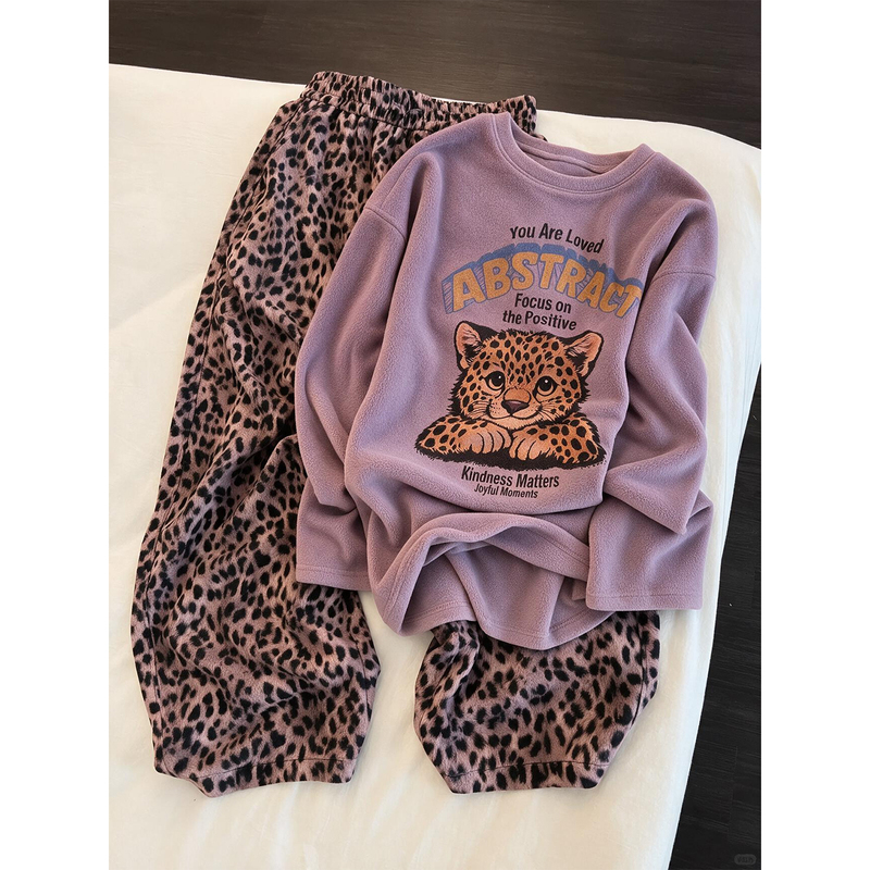 Leopard Print Pajamas for Women, Autumn and Winter, German Velvet, Fleece-Lined, Thickened, High-End Feel, Island Velvet, Winter Brushed Velvet Loungewear, Spring and Autumn