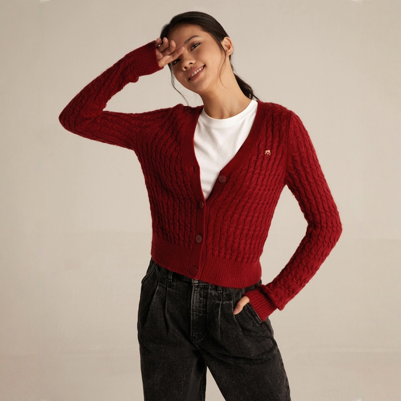 Size S Spring Red Knitted Cardigan Thin Sweater Jacket for Women
