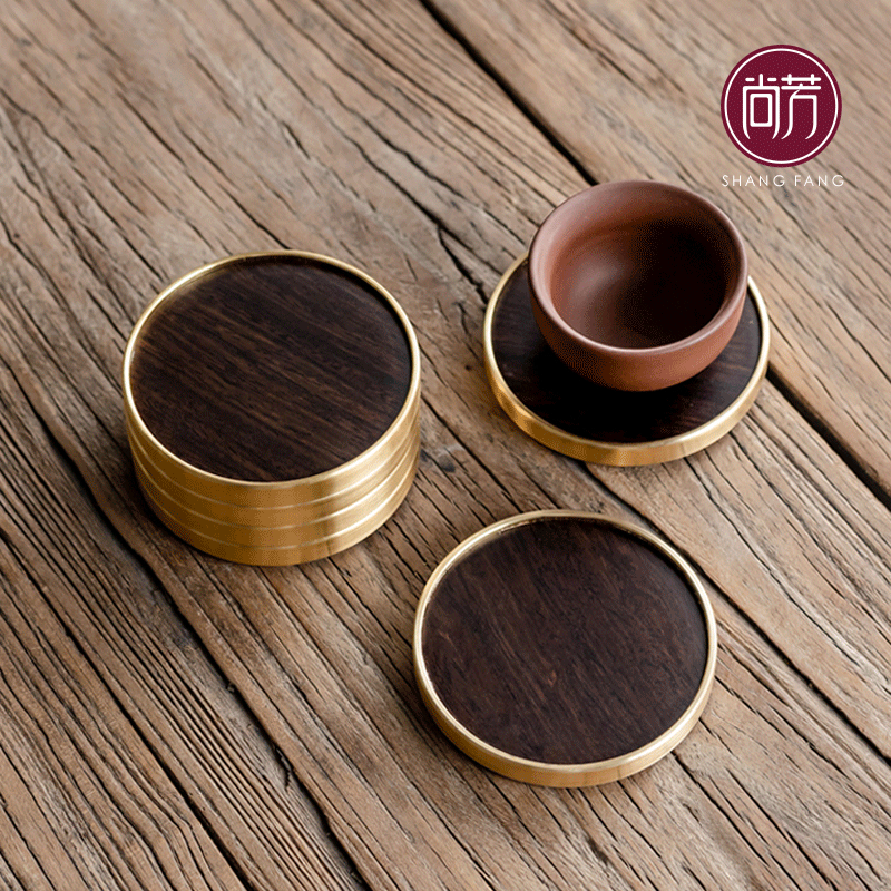 Shangfang copper wooden coaster set Tea ceremony small retro practical anti-scalding heat insulation coaster Cup holder Tea set accessories