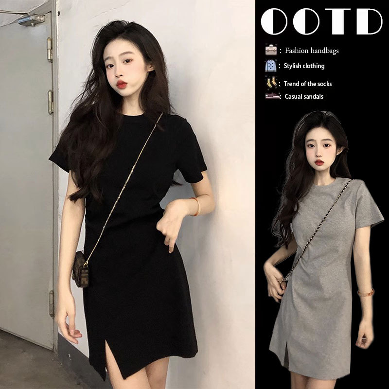 Black Short-Sleeved T-Shirt Dress for Women, Pure Cotton, Sexy, Waist-Cinching, Hip-Hugging, Slit, Little Black Dress, Casual Sporty Style Short Skirt