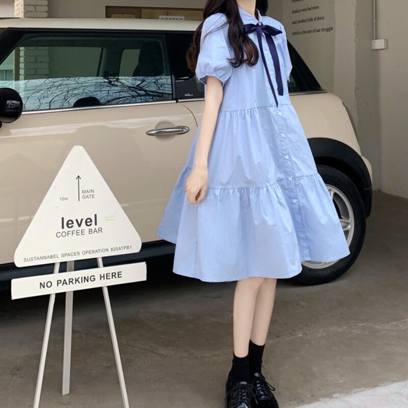 Plus Size Women's Bow-Tie Blue Shirt Dress, Fresh and Sweet, Puff Sleeves, Loose and Slimming Babydoll Dress for Summer Plus Size Women's Bow-Tie Blue Shirt Dress, Fresh and Sweet, Puff Sleeves, Loose and Slimming Babydoll Dress for Summer