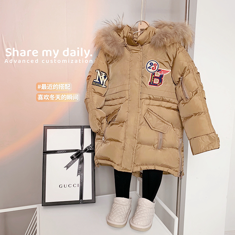 Child Clothing Girl Autumn winter coat girl real raccoon fur collar hat cotton clothes Children 2 color down cotton cotton clothing
