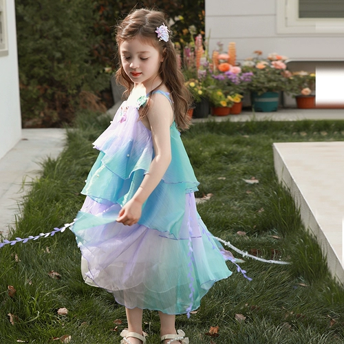 Влюбитесь в красивое платье принцессы-русалки для девочек, летнее платье, новинка 2025 года, детская градиентная праздничная газовая юбка на подтяжках