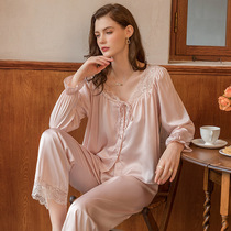 New pajamas female spring sleeve ice snow home suit sprawling lace lace lace lace two pieces comfortable thin