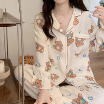 New pajamas female spring and autumn gauze long sleeve home dress outfit in style bear cute autumn and winter suit