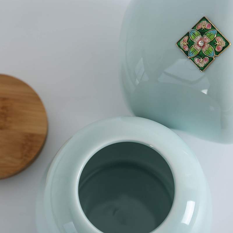 Ceramic household loose tea caddy fixings common seal storage jar jar of Japanese wooden cover applique office receives