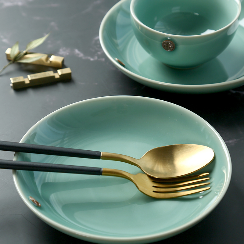 Longquan celadon bowl dish of ipads plate tableware suit creative blessing seal household housewarming gift ceramic plates