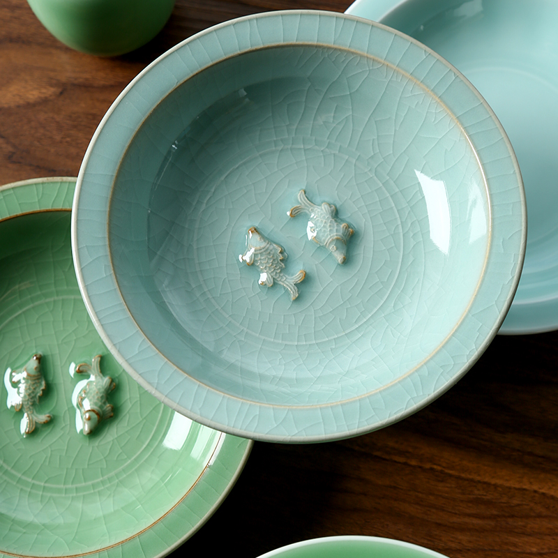 Longquan celadon plate creative archaize lotus carp dish household ice crack ceramic tableware plate round soup plate