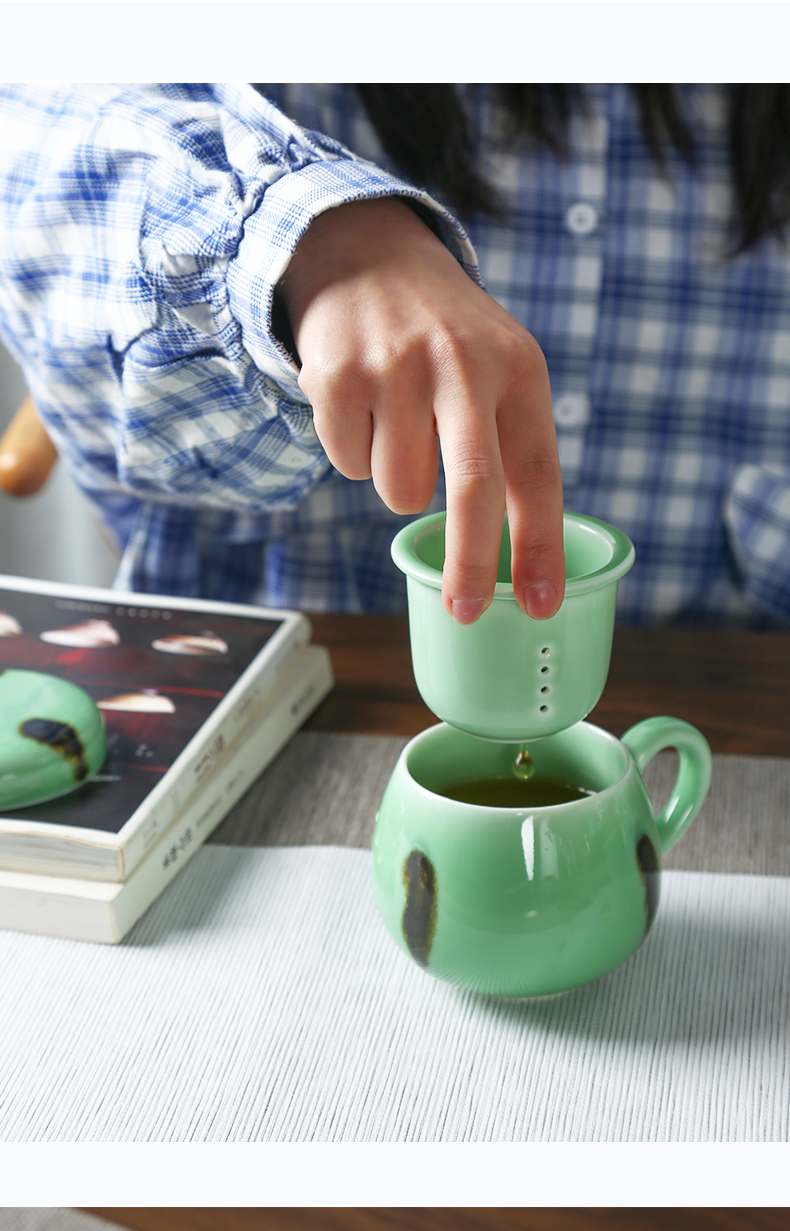 Longquan celadon teacup household of Chinese style office filter glass ceramic tea keller with cover stippling doodle cup