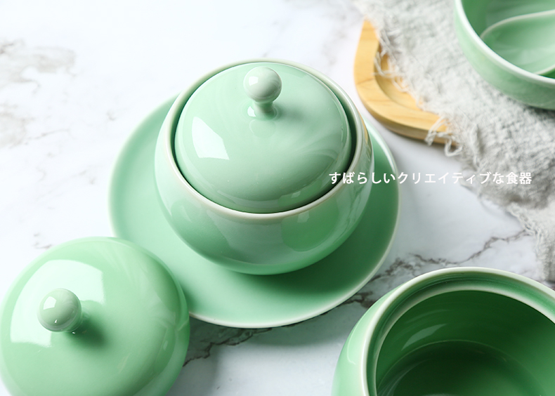 Longquan celadon stew ceramic household small hotel Chinese lotus soup as cans with cover sea water tank insulation cup bird 's nest soup