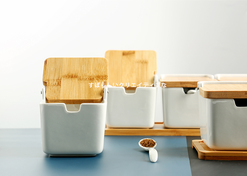 Japanese creative ceramic sugar, monosodium glutamate seasoning jar of kitchen salt bamboo cover condiment box of household Nordic tableware in combined packages